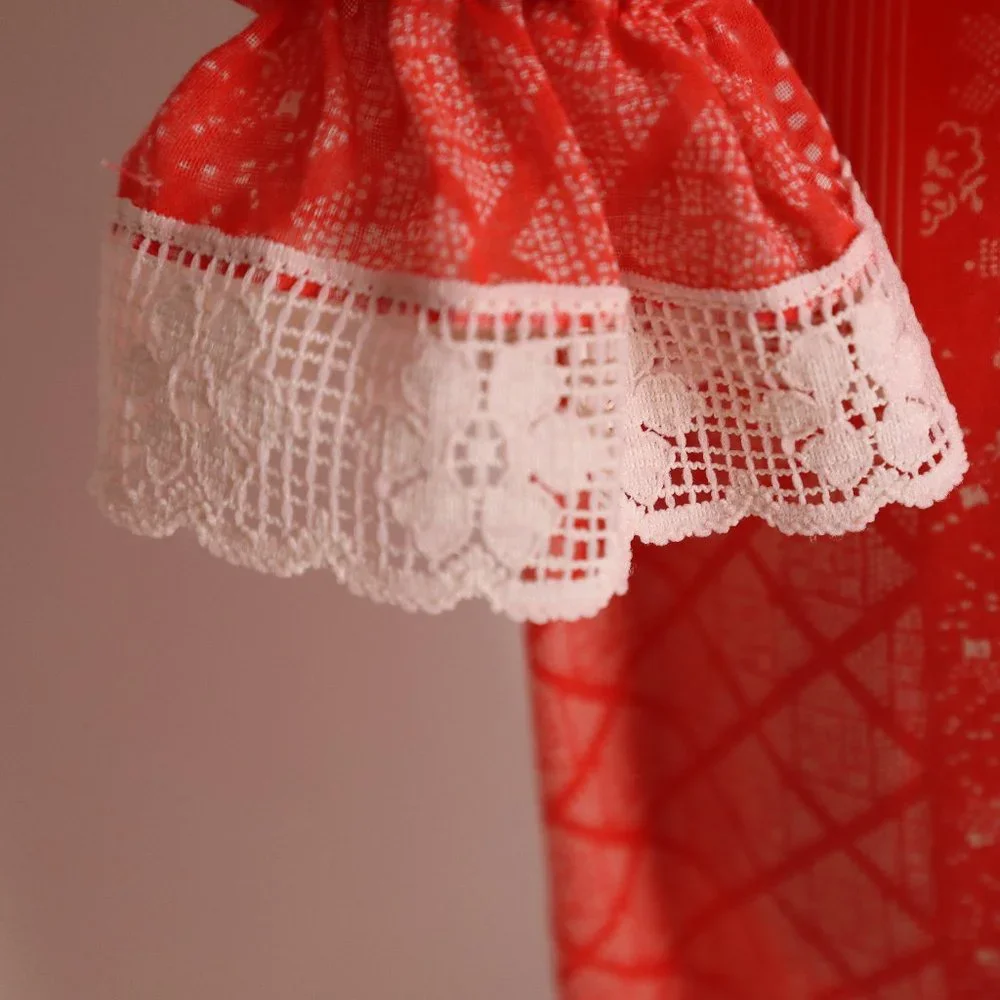 Vintage Red Prairie Boho Calico Cottage Core Floral Lace Dress Hippie Peasant XS - Picture 8 of 10